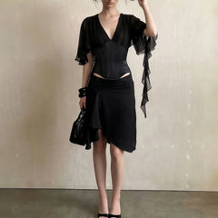 Black V-Neck Frill Slit Sleeve Top And Midi Irregular Skirt Set