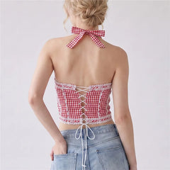 Gingham Halter Lace Trim Tie Back Crop Top