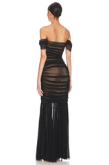 Black Mesh Off-shoulder Pleated Long Dress