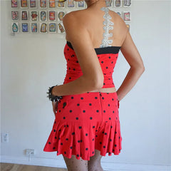 Red Polka Dot Strapless Bow Tube Top And Pleated Mini Skirt Set