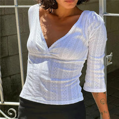 Eyelet Textured V-Neck 3/4 Flare Sleeve Top