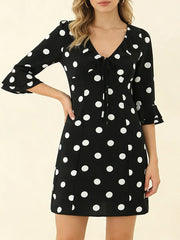 Black Polka Dot Print Three Quarter Sleeves Mini Dress