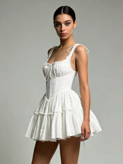 White Lace Up Spaghetti Strap Tiered Flared Mini Dress