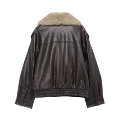 Faux Fur PLush Collar Pu Leather Jacket