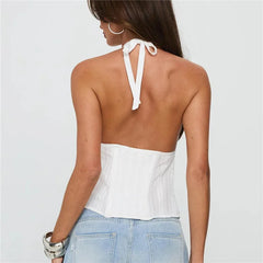 White Halter Neck Button Up Tank Top