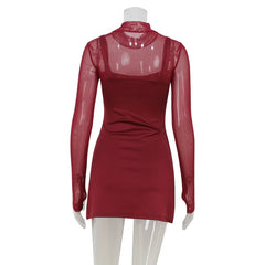 Red Mesh Patchwork Long Sleeve Turtleneck Short Dress