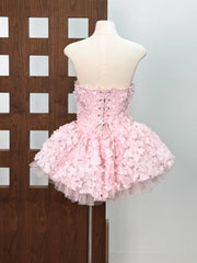 Strapless 3D Flower Appliques Frill Mini Dress