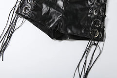 Black Metal Rings Faux Leather Tassel Shorts