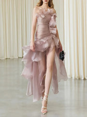 Strapless Mesh Ruffles Fringe Midi Dress