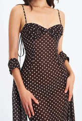 Black Polka Dot Sweetheart Neck Spaghetti Strap Scarf Maxi Dress