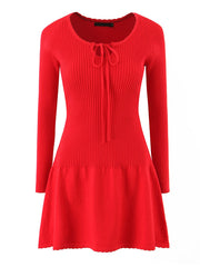 Solid Knit Long Sleeve Front Tie Mini Dress