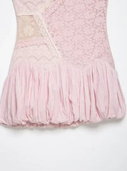 Pink Patchwork Pattern Lace Spaghetti Strap Mini Dress
