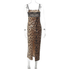 Sparkle Leopard Print Lace Trim Midi Dress