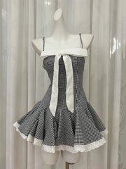 Black Plaid Bow Lace Trim A-line Mini Dress