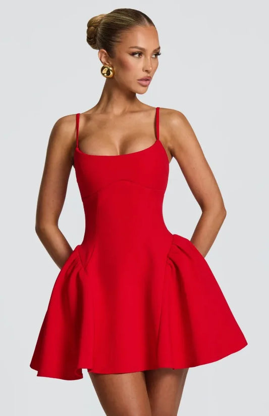 Red Strap Pleated A-Line Mini Dress