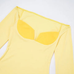 Yellow V Neck Off-shoulder Long Sleeve Mini Dress