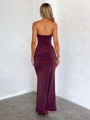 Brown Strapless Sequin Trim Metal Decoration Long Dress