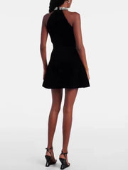 Black Velvet A-Line Embroidered Neck-Mounted Mini Dress