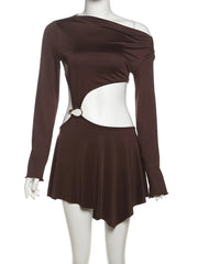 Brown One Long Shoulder Cut Out Mini Dress