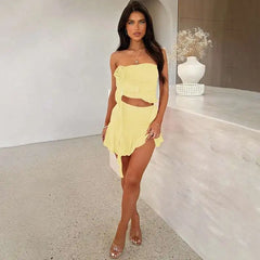 Strapless Ruffled Top And Mini Skirt Set