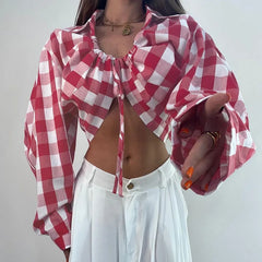 Red Plaid Drawstring Cropped Shirt