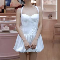 White Satin Tie Bow Halter Sling Mini Dress