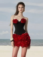 Red Satin 3d Rose Mini Skirt And Corset Top Set