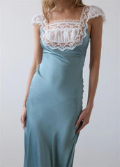 Lace Trim Short Sleeve Satin Maxi Dress