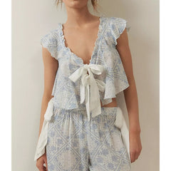 Printed Bow Tie Up Top And Pants Pj Set