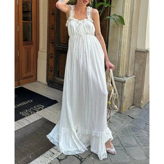 White Ruffle Trim Tie-up Square Neck Sleeveless Long Dress