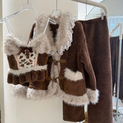 Brown Plush 3 Piece Pajama Set