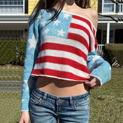 One-Shoulder American Flag Knit Top
