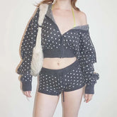 Knit Polka Dot Zip Up Cropped Hoodie and Shorts Set