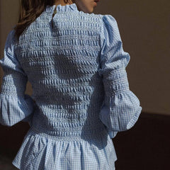 Pink Plaid Long Lantern Sleeve Smocked Top