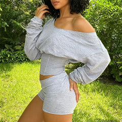 Grey Off Shoulder Puff Crop Top and Shorts Set