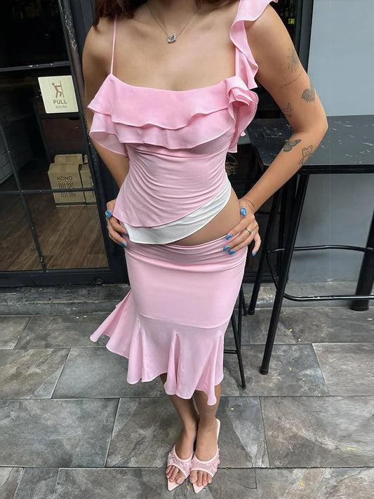 Pink Ruffles Crop Top And Fish Tail Midi Skirt Set