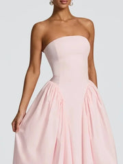 Strapless Lace Up Flare Pleated Midi Dress