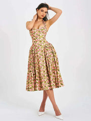 Floral Printed Neck Mounted A-line Midi Dress
