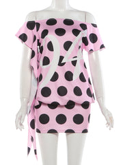 Pink Polka Dot Short Sleeve Tassel Mini Dress