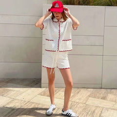 White Knitted Short Sleeve Top And Shorts Set