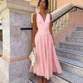 Pink Sleeveless V Neck A-line Midi Dress