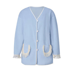 Long Sleeve Button‑Down Tassel Fringe Pocket Top And Elastic Waist Shorts Loungewear Set