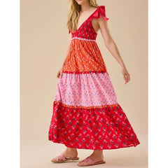 Floral Print Contrast Ruffle A-line Long Dress