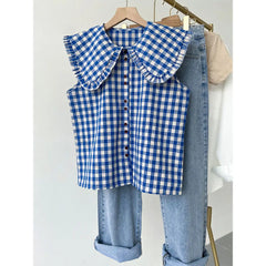 Blue Plaid Ruffled Sleeveless Shirt