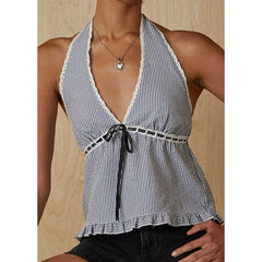 Striped Halter Ribbion Tie Up V-Neck Top