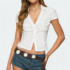 Polka Dot Lapel Short Sleeve Shirt