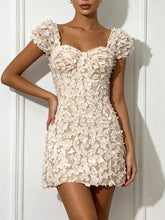 3D Flower Beaded Square Collar Short Sleeve Mini Dress