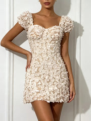 3D Flower Beaded Square Collar Short Sleeve Mini Dress