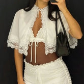Lace Ruffle Two Layer Scalloped Edge Tie Front Shrug Top