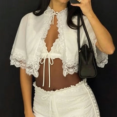 Lace Ruffle Two Layer Scalloped Edge Tie Front Shrug Top